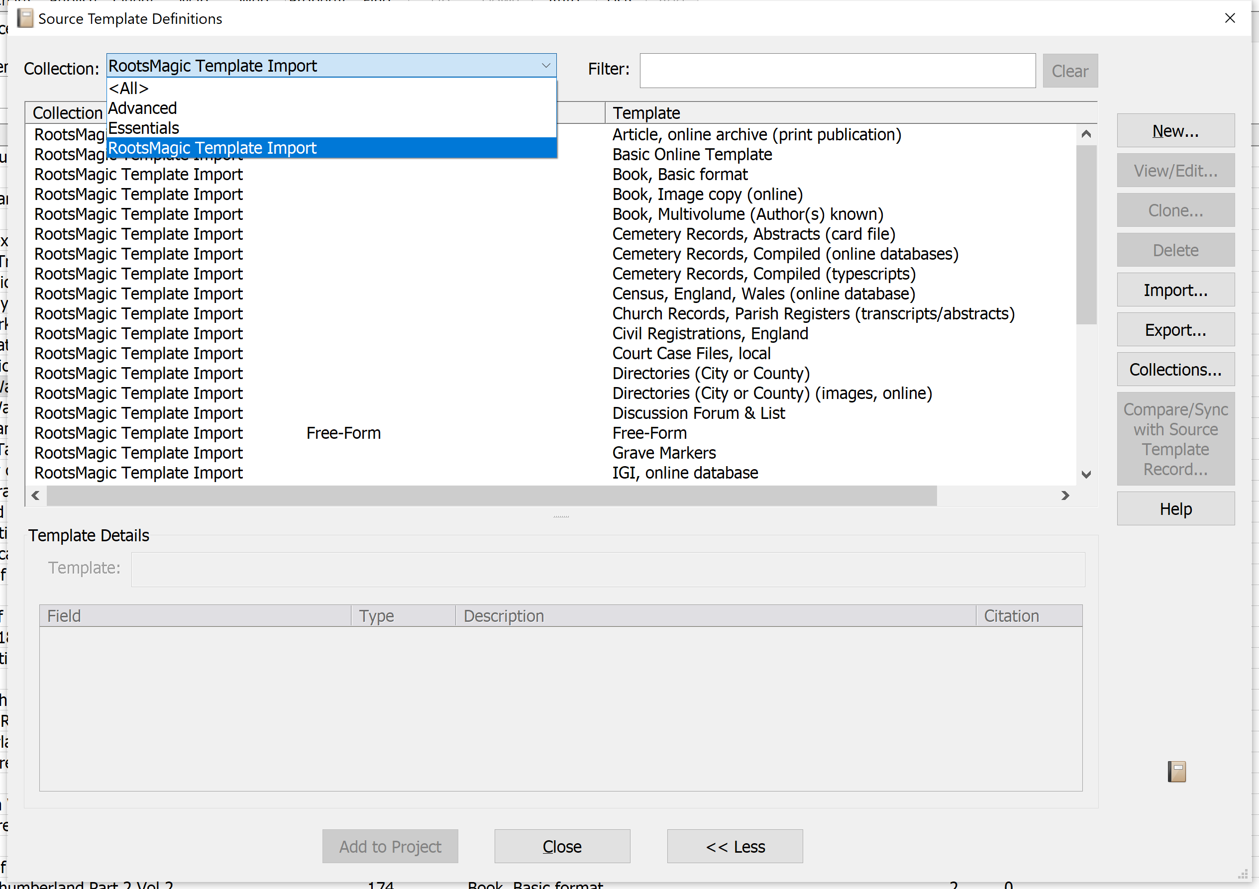 Here's the screenshot of Source Template Definitions from the Tools menu, as you can see there are only 3 collections.
