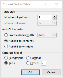 Convert Text to Table options
